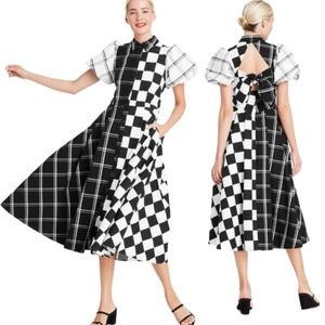Christopher John Rogers CJR Checkerboard Black White Puff Sleeve Shirtdress